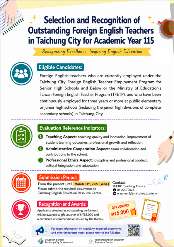 Selection and Recognition of Outstanding Foreign English Teachers in Taichung City for Academic Year 115